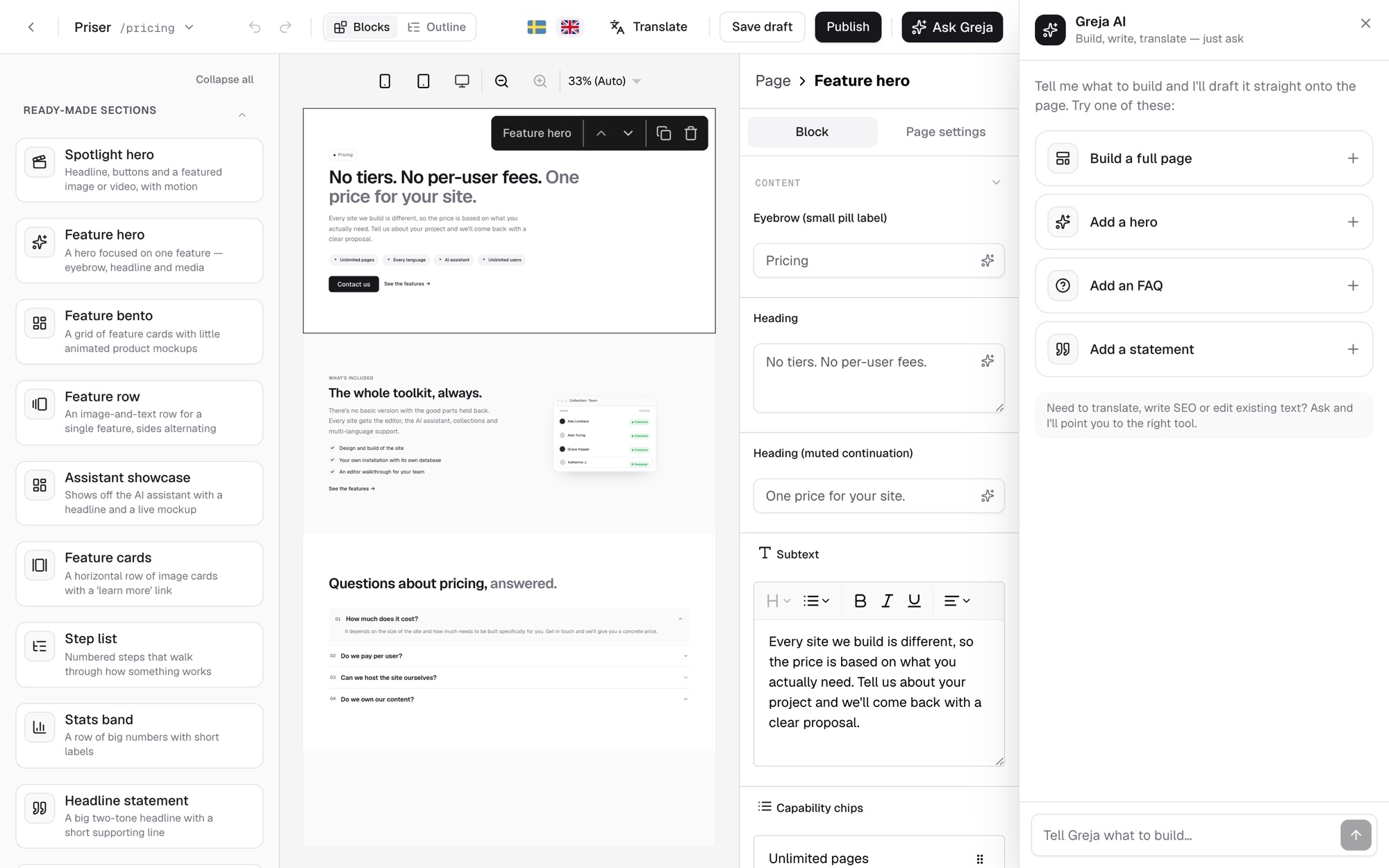 The Ask Greja AI assistant open beside the page in the editor
