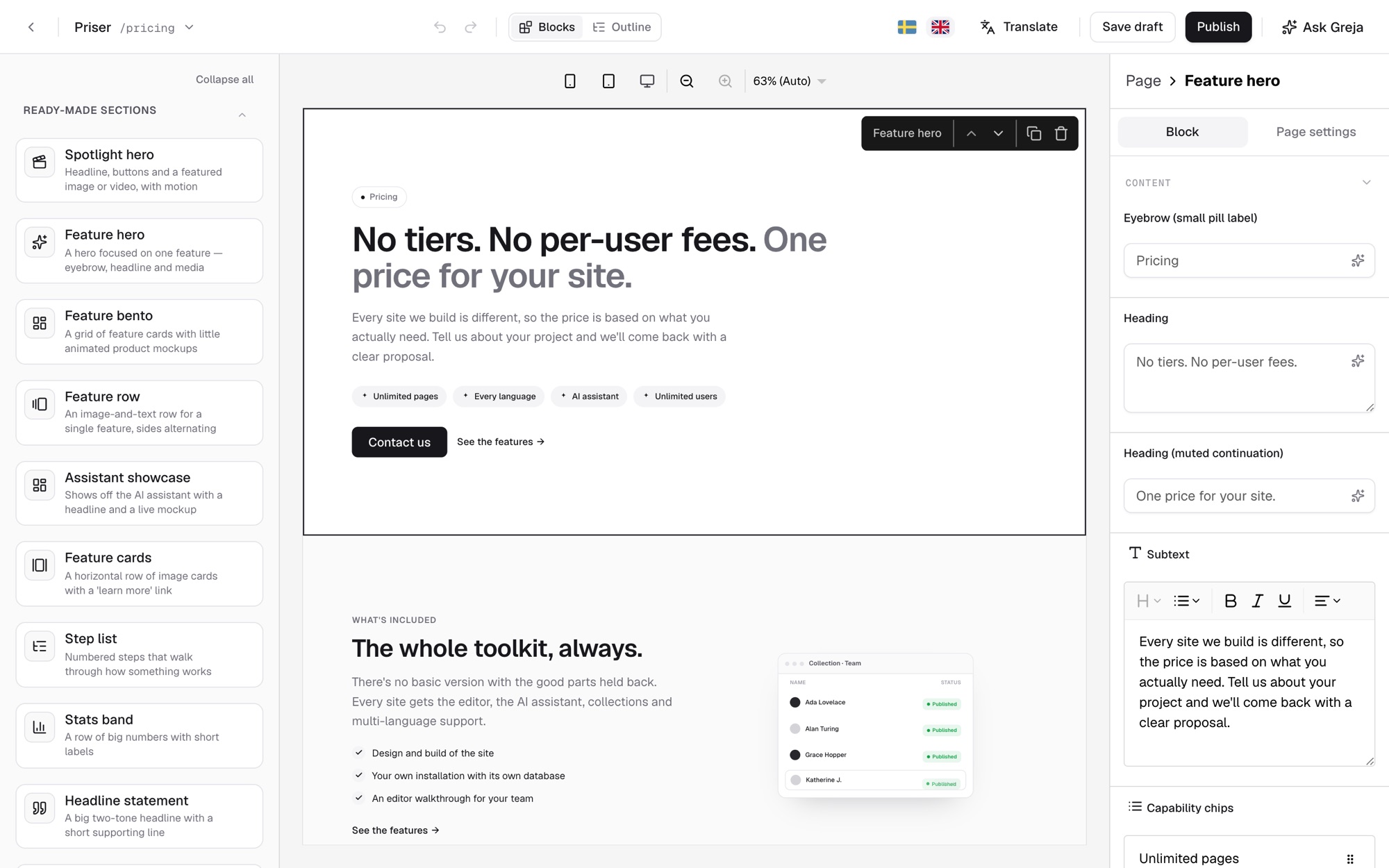 The Greja page editor: blocks on the left, the page in the middle, the block's settings on the right