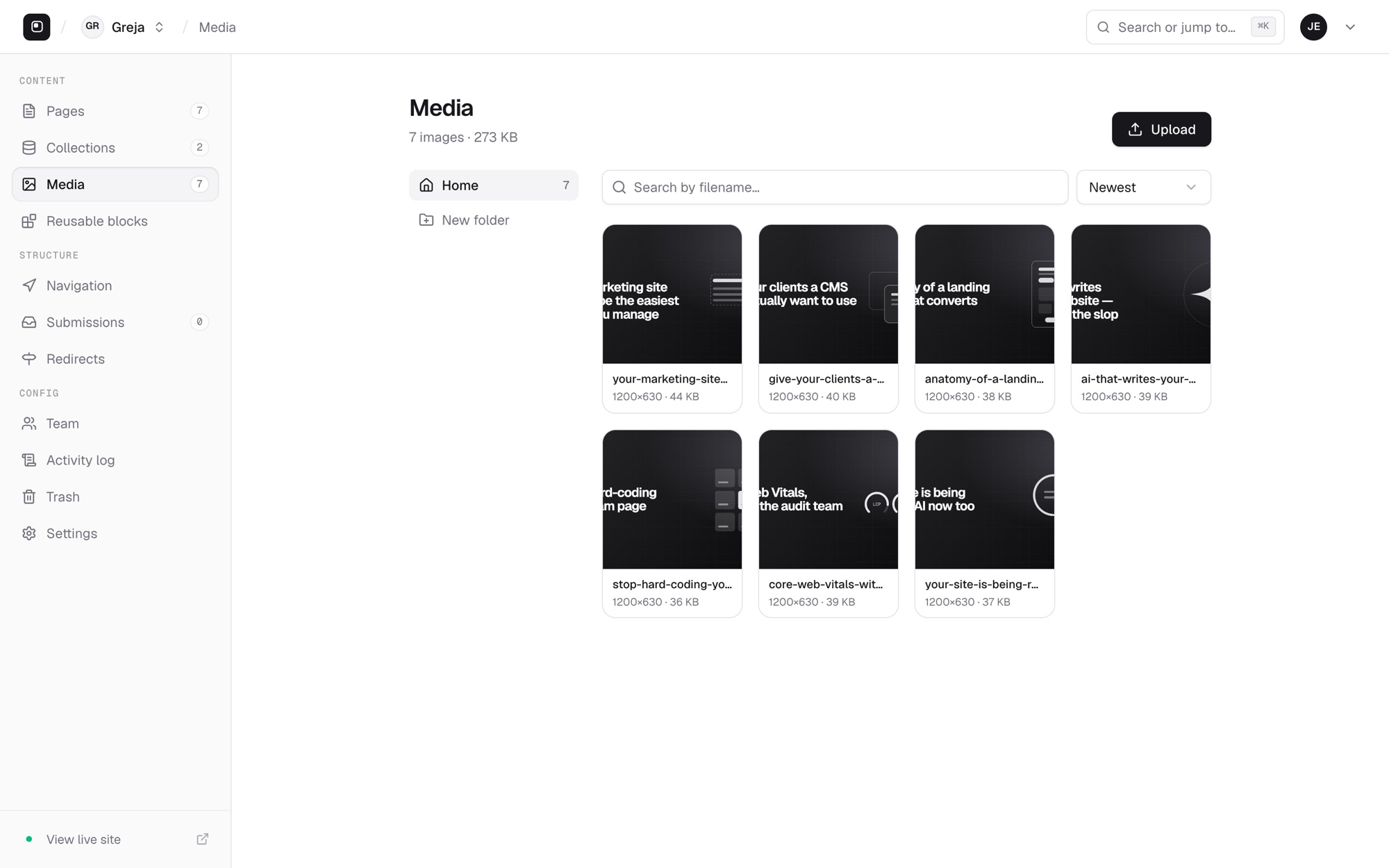 The Greja media library with uploaded images