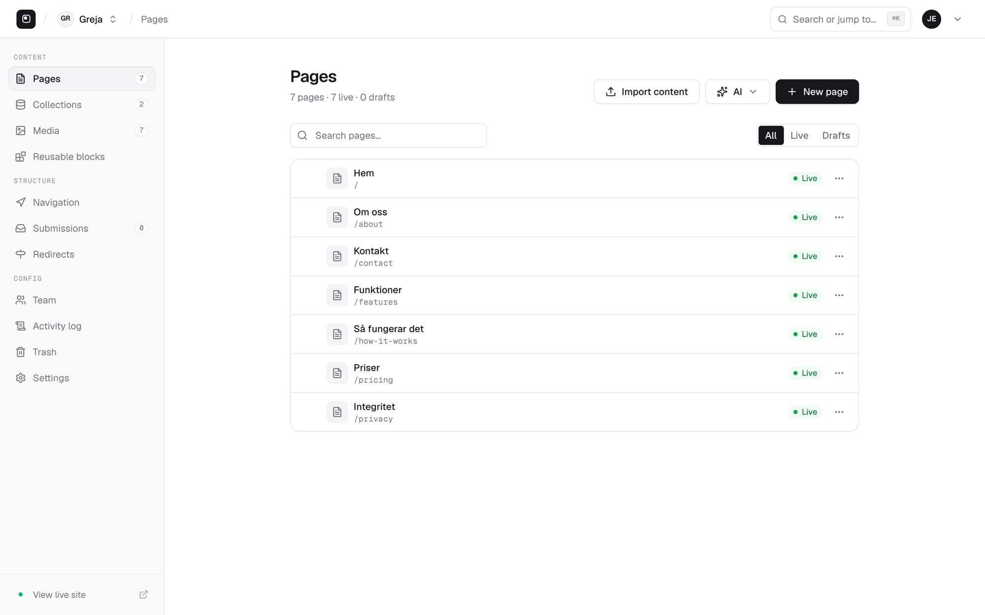 The Greja page list with every page live